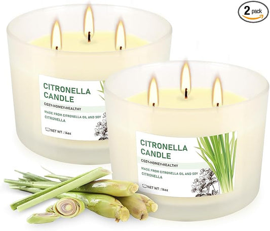 Citronella Candle Set of 2, 14oz Frosted Jar Triple-Wick, Clean & Smokeless for Outdoor Patio, Garden, Deck, Porch Ambiance with Natural Citronella Scent
