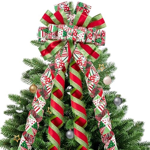 WRAPAHOLIC Large Christmas Tree Topper Bow - 13 x 52 Inch Red and Green Christmas Tree Topper Ribbon Bow Wreath Bows with Wired Edge for Xmas Ornament Indoor Outdoor Decoration by WRAPAHOLIC