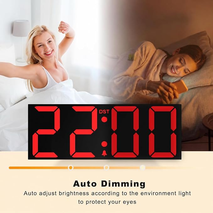 JALL 22" Large Digital Wall Clock, Big LED Display with Night Light, Auto Dimming & DST, Giant Alarm Clock for Seniors, Elderly Parents, Gift for Mom Dad (Black Shell Red Font) - Image 5
