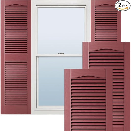 12"W x 80"H Lifetime Vinyl, Standard Cathedral Top Center Mullion, Open Louver Shutters, w/Installation Shutter-Lok's & Matching Screws (Per Pair), Wineberry