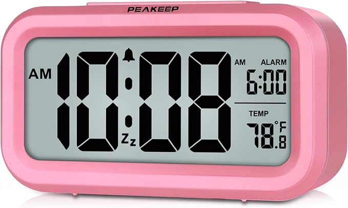 Peakeep Night Light Digital Alarm Clock Battery Operated Indoor Temperature | Small Cordless Cute Clock for Bedroom Desk Travel, Simple to Use for Teens Kids (Pink) by PEAKEEP