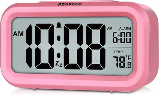 Peakeep Night Light Digital Alarm Clock Battery Operated Indoor Temperature | Small Cordless Cute Clock for Bedroom Desk Travel, Simple to Use for Teens Kids (Pink) by PEAKEEP