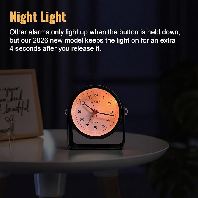 3.5 Inch Small Desk Alarm Clock, Battery Operated Analog Silent Clock with Night Light, Retro Vintage Metal Bedside Clock for Bedroom, Office, Bathroom, Dorm, Shelf, Table - Black