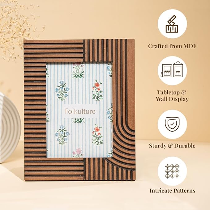 Folkulture MDF Photo Frame for Wall or Tabletop | Linear Tales 5x7 Modern Wooden Picture Frame with Plexiglass | Vertical & Horizontal Display | Handmade House Warming Gifts