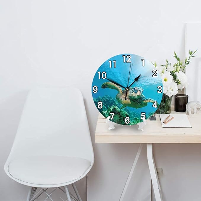 sea Turtle Wall Clock Battery Operated Silent Round Clock Wall Decor for Home Office School, 12 Inch