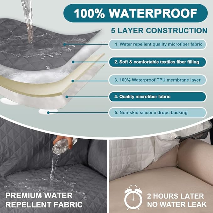 Turquoize 100% Waterproof Sofa Covers Chaise Lounge L Shape Sofa Protector Slip Cover Triple Non-Slip Sofa Slipcover for Sectional Couch Cover for Pets, Kids (Chaise, Gray)