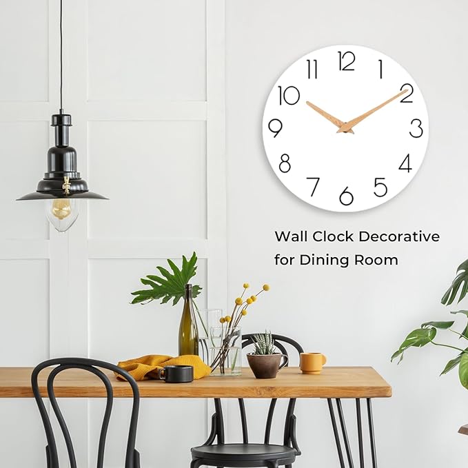 Wall Clock, 14 Inch Wooden Silent Non-Ticking, Decorative Battery Operated Wall Clocks for Bedroom, Kitchen, Home, Living Room, Office, School, Hotel (White)