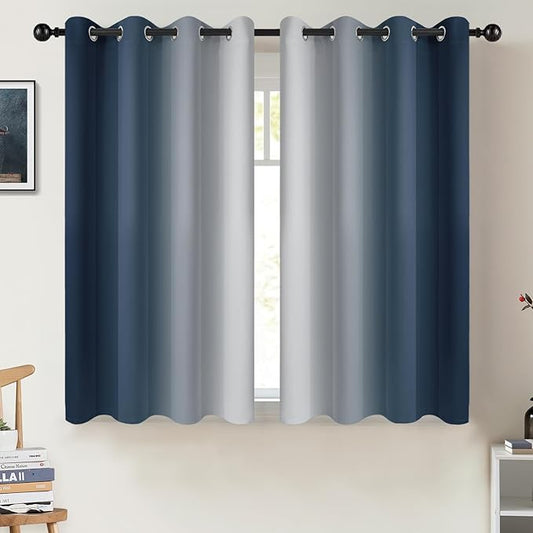 COSVIYA Curtains & Drapes Ombre Navy Blue Curtains 45 inch Long 2 Panels Set, Grommet Room Darkening Light Blocking Insulated Thermal Gradient Window Panels for Bedroom/Living Room,52x45 inches