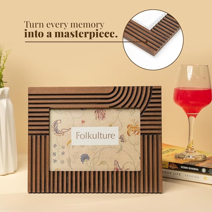 Folkulture MDF Photo Frame for Wall or Tabletop | Linear Tales 5x7 Modern Wooden Picture Frame with Plexiglass | Vertical & Horizontal Display | Handmade House Warming Gifts