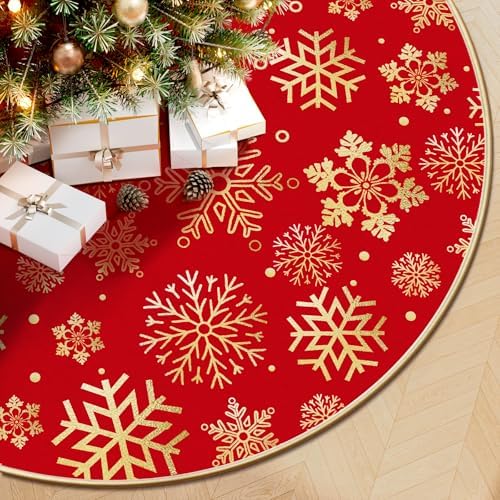 DeckTheHalls 48 Inch Christmas Tree Skirt, Snowflake Round Red Tree Skirt by DeckTheHalls