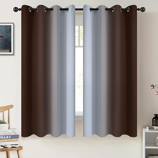 COSVIYA Grommet Ombre Room Darkening Curtains 63 inch Length, Brown and Greyish White Gradient Drapes Light Blocking Insulated Thermal Window Curtains for Bedroom/Living Room,2 Panels,52x63 inches
