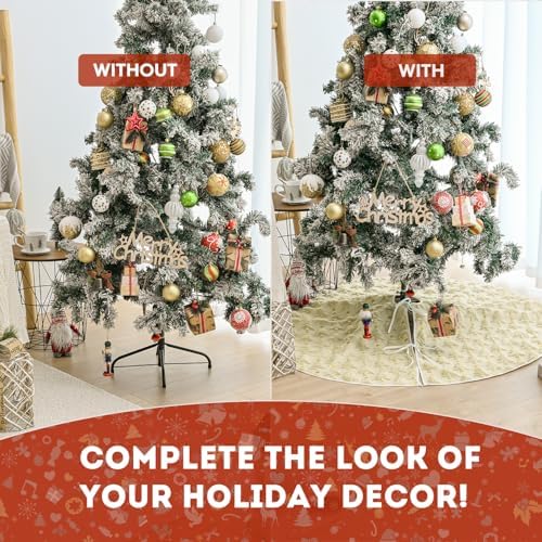 AVOIN colorlife Soft Plush Faux Fur Christmas Tree Skirt 48 Inch, Jacquard Beige Xmas Star Pine Trees Winter Holiday Mat Decoration - Image 5