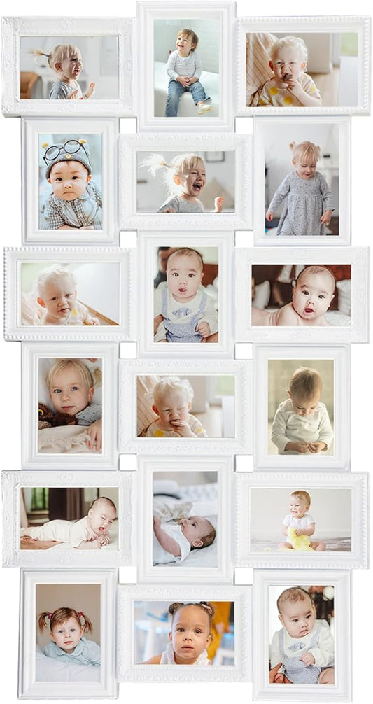 HELLO LAURA - Collage Picture Frames for Wall - 18 Photo Frame in 4x6 Inch Elegant Family Picture Frames Collage Wall Decor Display Multiple Photos for Home - Vintage White
