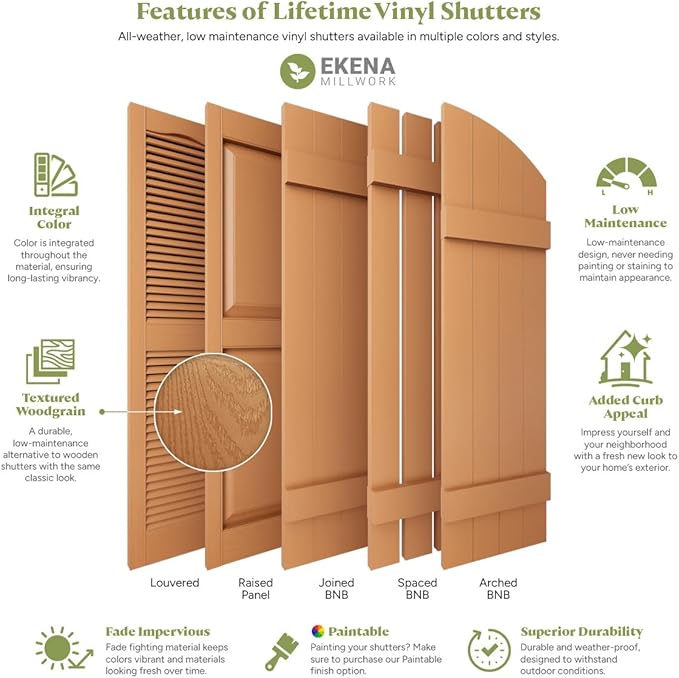 Ekena Millwork Lifetime Vinyl LP2S12X03500CL Standard Two Equal Panel Vinyls, Raised Panel Vinyl Shutters, w/Installation Shutter-Lok's & Matching Screws (Per Pair), 12"W x 35"H, Clay