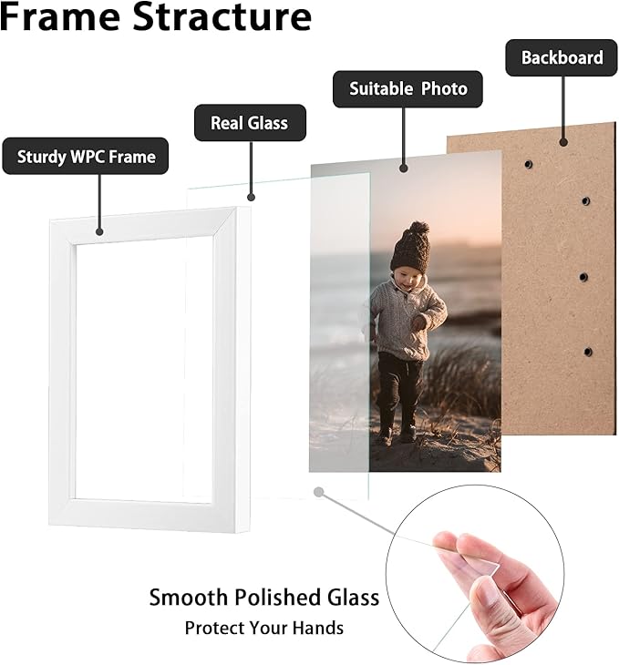 KINLINK 4x6 Picture Frame White Set of 6, Wooden Photo Frames with Plexiglass for 4x6 without Mat for Table and Wall Display