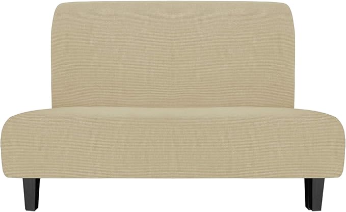 Easy-Going Stretch Futon Slipcover Armless Futon Bed Cover Furniture Protector Without Armrests with Elastic Bottom for Kids, Soft Jacquard Fabric Small Checks (Medium, Beige)