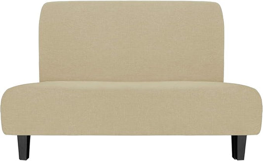 Easy-Going Stretch Futon Slipcover Armless Futon Bed Cover Furniture Protector Without Armrests with Elastic Bottom for Kids, Soft Jacquard Fabric Small Checks (Medium, Beige)