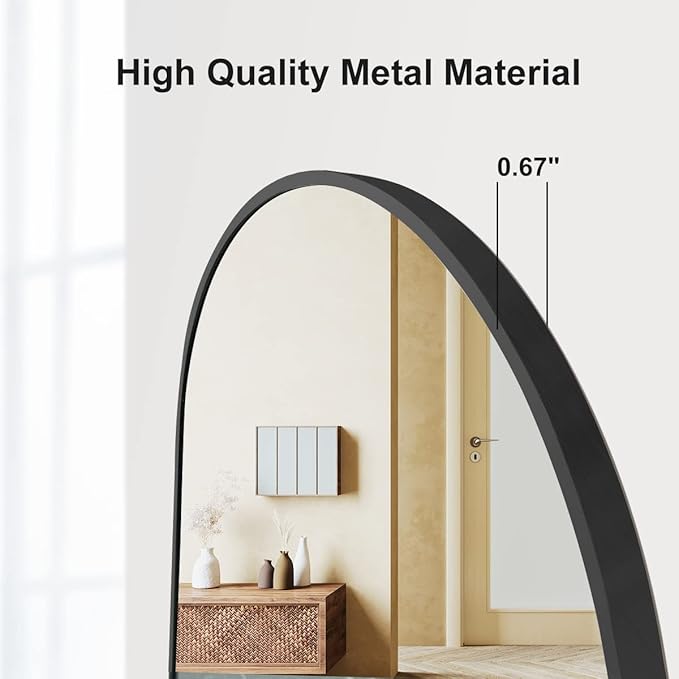 OGCAU 16''x48'' Arched Full Length Mirror for Wall, Full Body Arched-Top Hanging Mirror or Wall Mounted in Bedroom, Living Room, Aluminum Alloy Frame with Straps (Black)