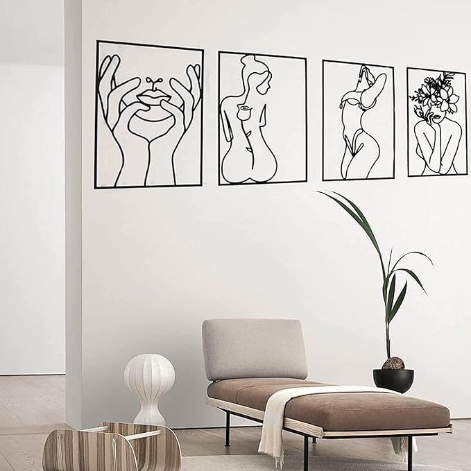 Glamativity Large 4 Pack Black Wall Art, Minimalist Single Line Art, Real Metal Wall Art, Woman's Body Shape Abstract Art (Black Classic Style, L Size 22.5 x 15.7'')