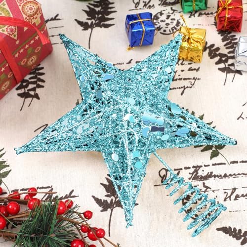 URATOT Glittered Christmas Tree Topper Metal Christmas Treetop Hallow Wire Star Topper for Christmas Home Decoration (8 inches, Blue) - Image 5