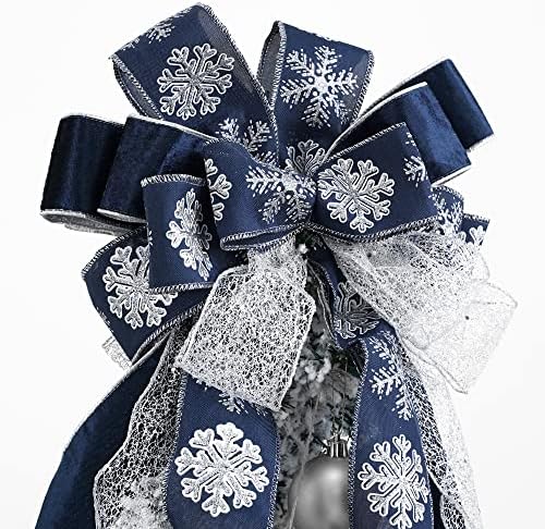 MEEDEE Navy Blue Tree Topper Navy Blue Christmas Tree Topper Bow 12 inch Wide Navy Blue Silver Glitter Yule Tree Wreath Bow Christmas Decorations Silver Snowflake Garland Bow Holiday Lantern (1 Pack) - Image 5