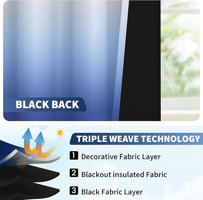 COSVIYA 100% Blackout Ombre Blue Adjustable Tie Up Curtains for Kitchen Thermal Insulated Room Darkening Valance Rod Pocket Balloon Roman Shade for Small Window,48" L x 34" W, 1 Panel