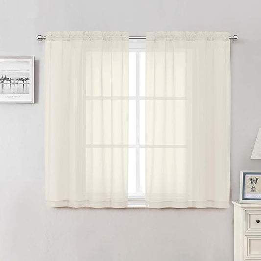 Lecloud Cream Sheer Curtains 50 Inch Length 2 Pcs, Rod Pocket Light Filtering Voile Rustic Farmhouse Bedroom Curtains, Airy Solid Window Drapes for Bathroom Basement, Each Panel 42" W x 50" L