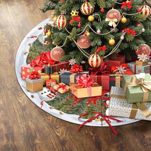 Red Snowman Christmas Tree Skirt 48 Inch Pine Tree Bird Cardinals Xmas Trees Skirts Mat for Winter Holiday Party Indoor Outdoor Decorations - Image 3