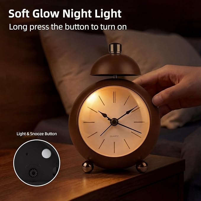 Analog Alarm Clock, Mid-Century Modern Desk Clock, Silent Non-Ticking Quartz Table Clock with Black Hands, Battery Operated Decorative Clock for Bedroom, Office, Living Room (Brown)