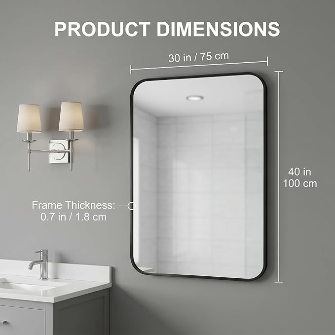 Koonmi Bathroom Mirror, 30X40 Inch Black Metal Framed Mirror for Bathroom, Tempered Glass, Anti-Rust, Rounded Rectangle Mirror for Restroom, Bedroom, Black