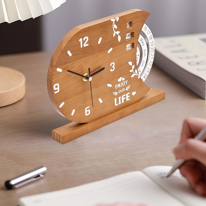 2-in-1 Natural Wood Desk Clock & Calendar - Battery Operated Silent Non-Ticking Analog Table Clocks Perpetual Calendar for Office, Bedroom, Study, Bedside - Vintage Home Shelf Desktop Decor
