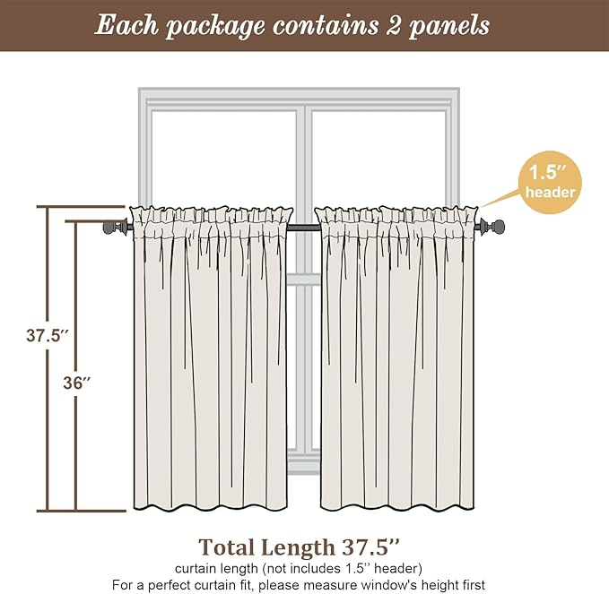 Chyhomenyc Short Curtains 36 Inch Length, Faux Linen Textured Small Kitchen Curtain, Light Filtering Yellowish Half Window Curtains for Basement Cabinet, Each 30x36 Inch, Cream???prev. Ivory???