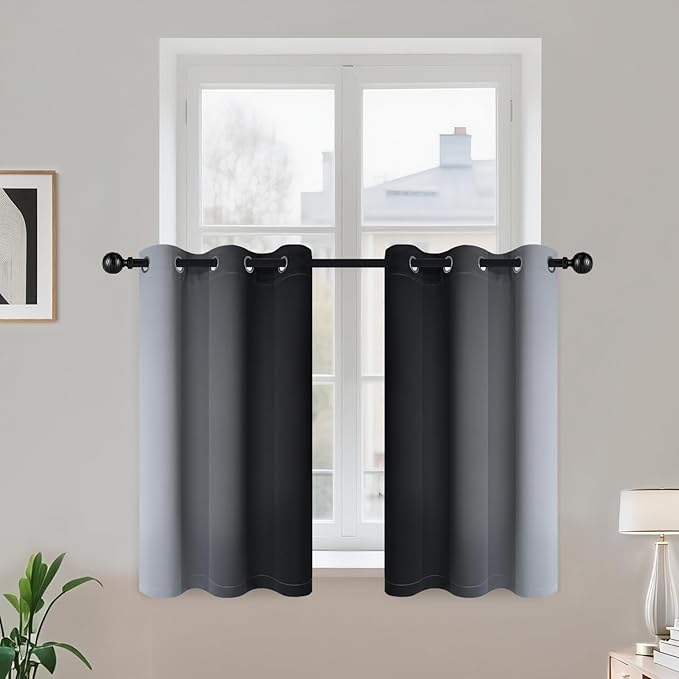 COSVIYA Grommet Ombre Room Darkening Curtains 36 inch Length, Black and Greyish White Gradient Drapes Light Blocking Insulated Thermal Window Curtains for Bedroom/Living Room,2 Panels,42x36 inches
