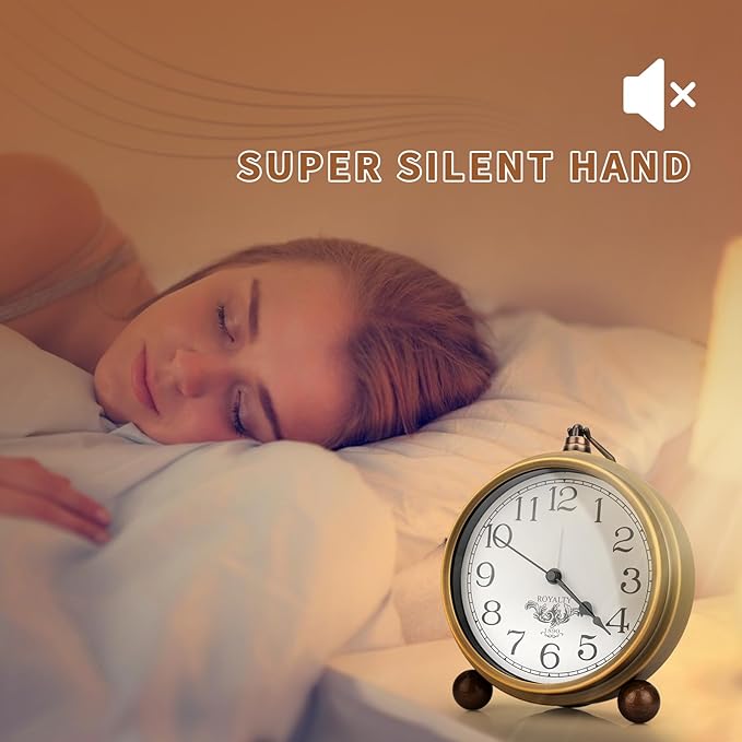 Maxspace Metal Golden Table Clock, Retro Vintage Non-Ticking Small Alarm Clock,Battery Operated Silent Quartz Movement HD Glass Desk Clock for Bedroom Living Room Indoor Decoration Kids?€? (Arabic2)