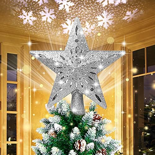 BLOOMWIN Christmas Tree Topper Lighted with Snowflake Projector, LED Rotating Hollow Snowflake, 3D Glitter Lighted Silver Snow Tree Topper for Xmas Tree Festival Decorations Lights by BLOOMWIN