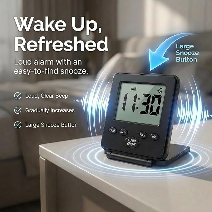 Digital Travel Alarm Clock - No Bells, No Whistles, Simple Basic Operation, Loud Alarm, Snooze, Small and Light, ON/Off Switch, 2 AAA Battery Powered, Black - Image 4