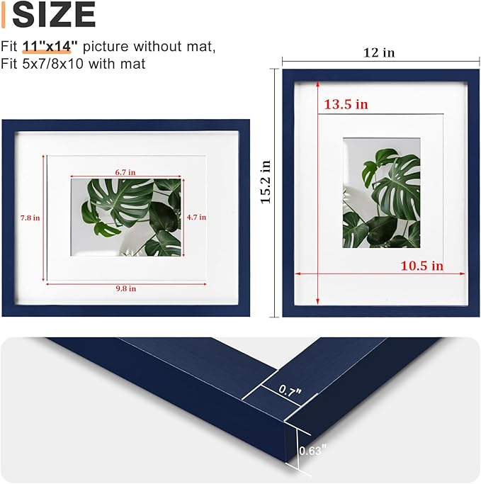 Egofine 11x14 Picture Frames 4PCS Covered by Plexiglass, Made of Solid Wood, Display Pictures 8x10/5x7 with Mat or 11x14 Without Mat for Table Top and Wall Mounting, Navy Blue