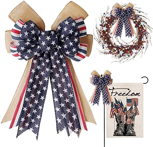 Patriotic Decor Bows for Wreaths,Burlap Red White Blue Stripe Stars Tree Topper Bow for 4th of July,Independence Day,Memorial Day,Veteran's Day,Front Door Indoor Outdoor Decorations by brand