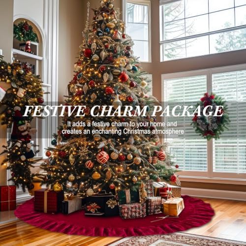 72 Inches Velvet Christmas Tree Skirt Decorations Red Luxury Xmas Fur Plush Skirts for Merry Christmas Party Rustic Vintage Holiday Home Winter - Image 3