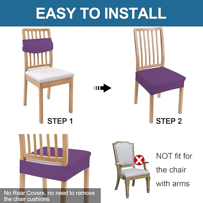 Smiry Waterproof Seat Covers for Dining Room Chairs Set of 6, Stretch Jacquard Removable Washable Chair Seat Slipcovers Protector, No Rear Covers, Purple