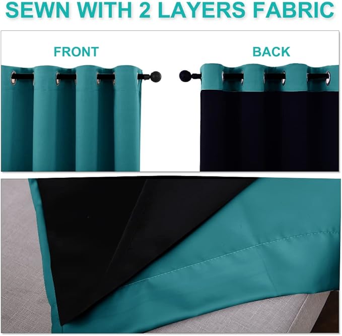 NICETOWN 100% Blackout Window Curtain Panels, Cold and Full Light Blocking Drapes with Black Liner for Nursery, 84 inches Drop Thermal Insulated Draperies (Peacock Teal, 2 PCs, 62" Wide Each Panel)