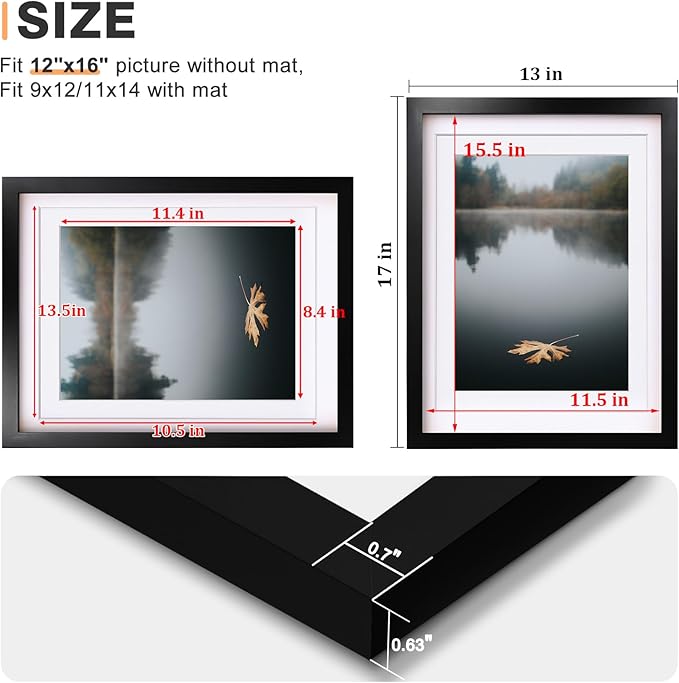 Egofine 12x16 Picture Frames Black Set of 2, Solid Wood Frames Covered by plexiglass, Display photos 9x12/11x14 with Mat or 12x16 without mat, for Wall Mounting