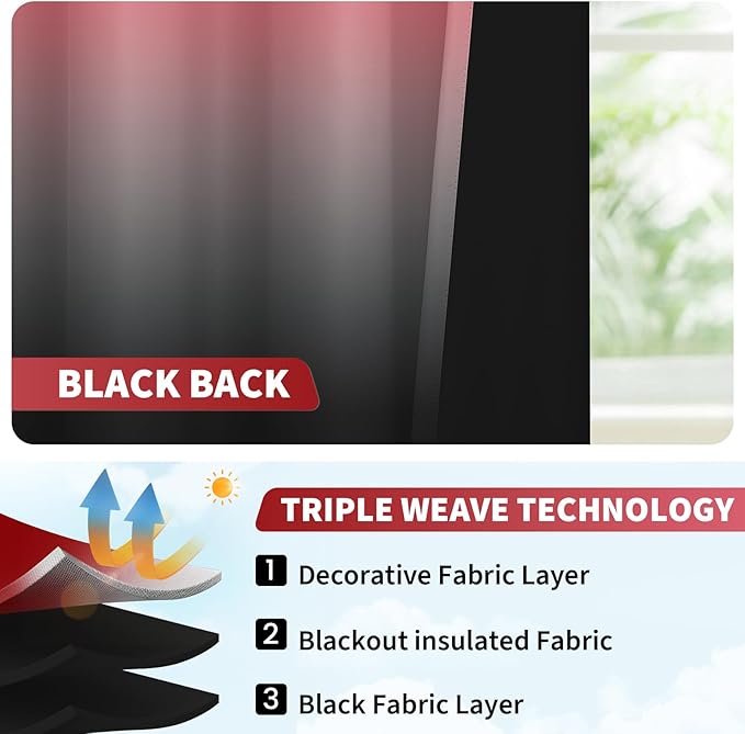 COSVIYA 100% Blackout Red and Black Adjustable Tie Up Curtains for Kitchen Thermal Insulated Room Darkening Valance Rod Pocket Balloon Roman Shade for Small Window,48" L x 34" W, 1 Panel