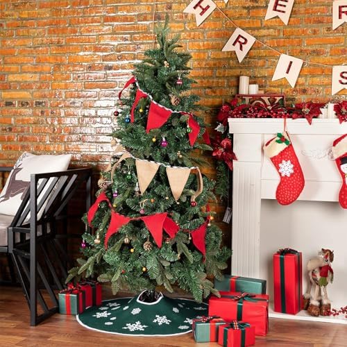 30 Inch Burlap Christmas Tree Skirt with White Snowflakes, Dark Green - Image 5