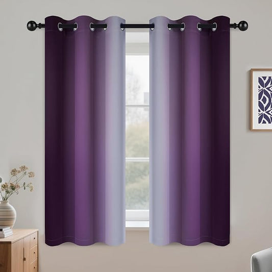 COSVIYA Grommet Ombre Room Darkening Curtains 54 inch Length, Purple and Greyish White Gradient Drapes Light Blocking Insulated Thermal Window Curtains for Bedroom/Living Room,2 Panels,42x54 inches