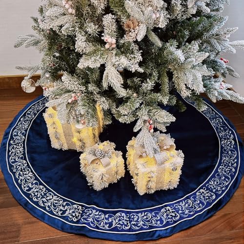 Christmas Tree Skirt 60 inch, Blue Luxury Velvet Plush Faux Fur Extra Large Skirts with Silver Embroidered Vintage Pattern, Classic Retro Christmas Tree Decorations Gifts - Image 5