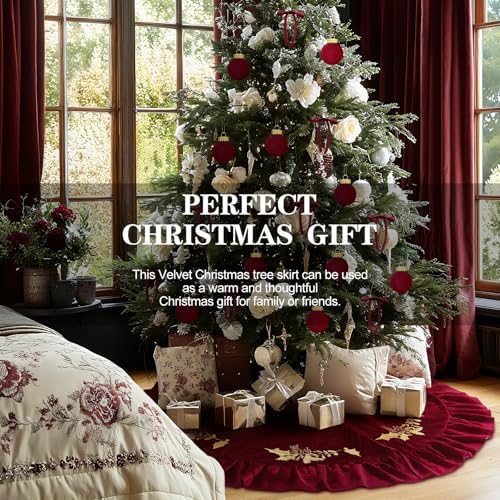 60 Inches Velvet Christmas Tree Skirt Wine Red with Gold Embroidered Holly Fur Plush Tree Skirt Luxury Xmas Skirts for Merry Christmas Party Vintage Holiday Decorations - Image 3