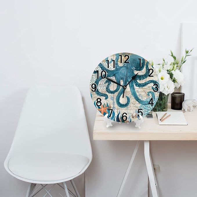 Blue Octopus Nautical Map Wall Clock Battery Operated Silent Non Ticking Round Clock Art Wall Decor for Home, Office, School 9.8 Inch