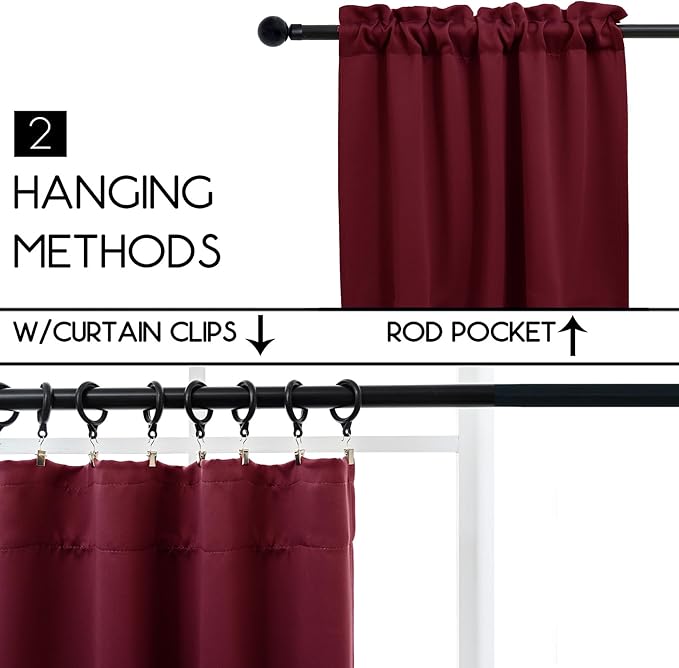 Pickluc Blackout Kitchen Curtain 24 Inches Long, Rod Pocket Cafe Tier Curtains for Small Window Treatment in Living Room, Basement, RVs, Cabinets, 2 Panels, W24 X L24 Inch, Burgundy Red