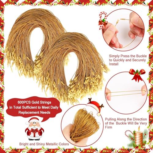 JUNEBRUSHS 600Pcs Christmas Ornament Hooks, Ornament Hangers with Snap Ornament String for Christmas Tree Holiday Party Hanging Decorations Ropes Easy and Fast Locking (Gold) - Image 3